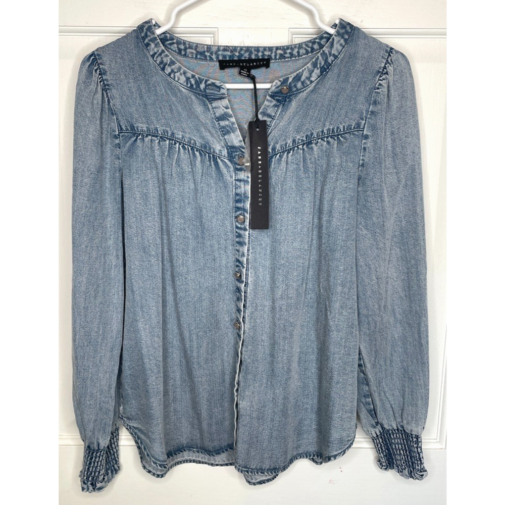 Women's Distressed Ruffle Chambray Blouse Sz XS Cottagecore Cowgirl Boho NWT